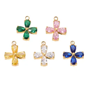 Gold plated stainless steel clover zircon pendants for DIY jewelry making in five colors
