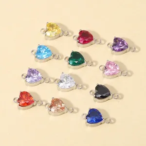 Colgante Conector de Circonia en Forma de Corazón Engaste de Garras de Acero Inoxidable Doble Anillo CZ Charms para DIY Collar Pulsera Accesorios de Joyería