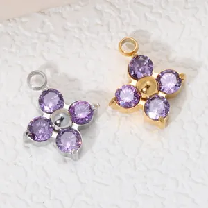 Coppia di ciondoli a quadrifoglio con zirconi viola in acciaio tonalità oro e argento
