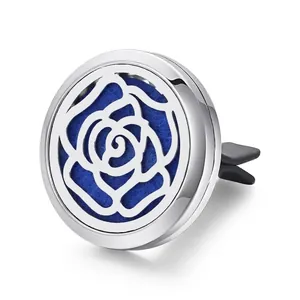 Detail showing the hollow rose design of the stainless steel car fragrance diffuser clip