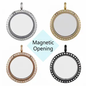 Stainless Steel Round Glass Floating Locket Pendant With Rhinestone Magnetic Opening Memory Locket For Women DIY Jewelry Making