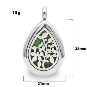 Detailed view of teardrop stainless steel aroma diffuser locket with 28mm x 21mm dimensions