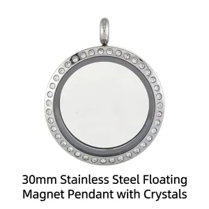 Detailed view of a 30mm stainless steel magnetic glass locket pendant with rhinestones