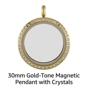 Macro detail of a 30mm golden magnetic glass locket with a rhinestone crystal bezel