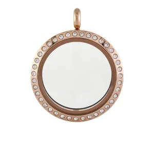 Detail view of 30mm rose gold magnetic locket with sparkling crystal border and glass window