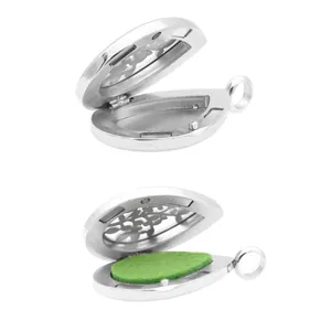 Detail of 28mm stainless steel teardrop aromatherapy locket showing open internal structure