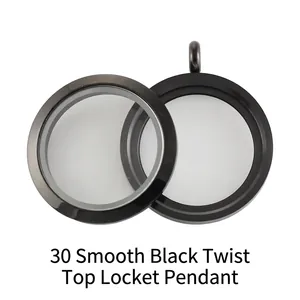 Vue macro détaillée du pendentif médaillon en acier inoxydable noir 30 mm avec couvercle à vis