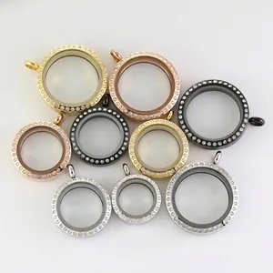 Detailed view of various sizes and colors of rhinestone glass locket pendants