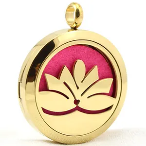 Detail view of a gold lotus design stainless steel essential oil diffuser pendant