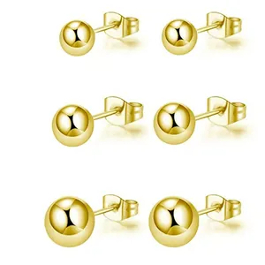 Lot de 3 paires de boucles d'oreilles boules en acier titane doré 3/4/5mm