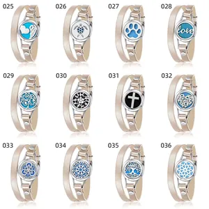 Detailansicht von zwölf verschiedenen Medaillon-Designs für 25-mm-Lederarmbänder