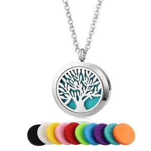 Stainless steel tree of life aromatherapy diffuser necklace with colorful felt pads