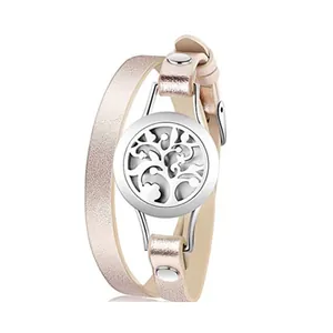 316L Edelstahl Ätherisches Öl Diffusor Armband Echtlederband Hohl Baum Des Lebens Aromatherapie Armband Für Damen