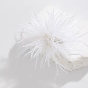 Elegant close-up of a white fluffy ostrich feather brooch on a white textured stone.