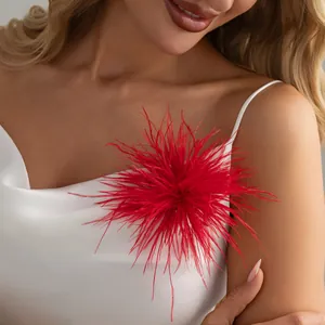 Vibrant red ostrich feather brooch pin accessory for elegant evening gowns and dresses