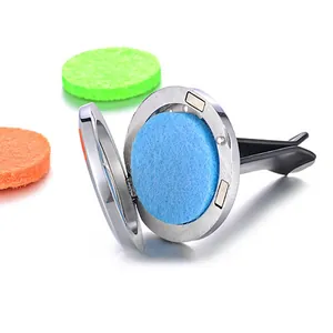 Detailed macro view of stainless steel car vent aromatherapy clip with colorful felt pads