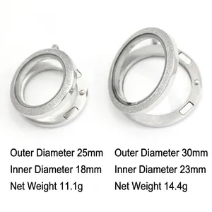 Macro view showing dimensions and weights of two stainless steel magnetic glass lockets