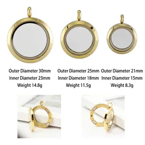 Pendentifs médaillons ronds en verre et acier doré en trois tailles, fermoir magnétique