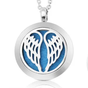 Close-up of 25mm stainless steel aromatherapy locket with hollow angel wings