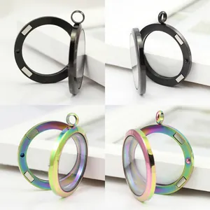 Stainless steel round magnetic glass locket pendants in black and rainbow plating.