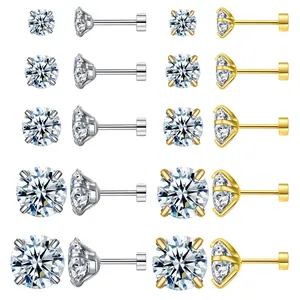 Minimalistische Titanstahl Zirkonia Ohrstecker Für Damen AAA Rund Zirkonia Vier Krallen Flache Rückseite Schraube Knorpel Piercing Schmuck