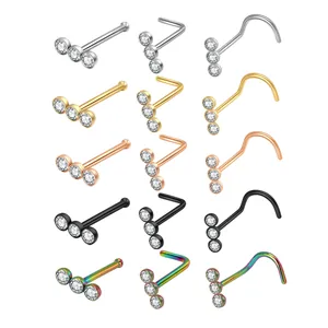Set de 15 piercings para la nariz de acero inoxidable con 3 piedras CZ de colores