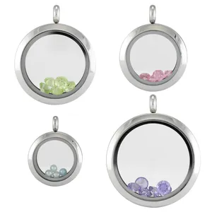 Pendentifs médaillon en acier inoxydable avec pierres précieuses et perles colorées.