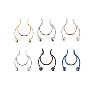 Set van zes roestvrijstalen U-vormige septum neusringen in verschillende metallic kleuren
