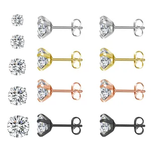 Orecchini a Bottone Semplici in Acciaio Inossidabile con Zirconia a Quattro Griffe Chiusura a Farfalla Tondo Zirconia Gioielli Unisex