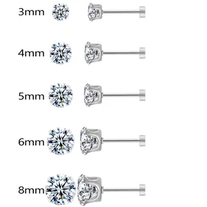 Stainless steel four-prong cubic zirconia stud earrings in sizes 3mm to 8mm, flat back