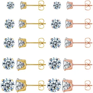 Stainless Steel Four-Prong Zirconia Stud Earrings For Women Men Fashion Round Shiny Zirconia Earrings Jewelry Accessory Gift