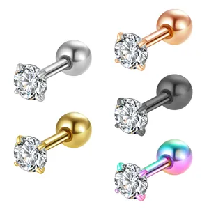 Stainless Steel Four Prong Rhinestone Stud Earrings For Women Men Minimalist Round Ball Back Ear Bone Fashion Jewelry