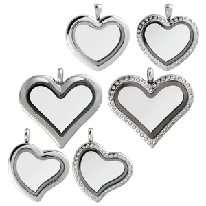 Médaillons flottants cœur en acier inox avec strass et finitions lisses pour bijoux artisanaux