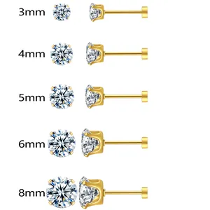 Set of gold titanium steel flat back stud earrings with clear AAA zircons in 3-8mm sizes