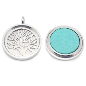 Pendentif médaillon diffuseur d'huile essentielle arbre de vie en acier inox