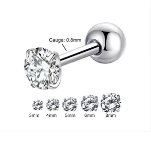 Fashion four-claw cubic zirconia stud earring with 0.8mm thin post in various sizes
