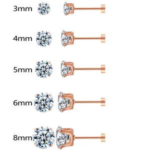 Rose gold flat back round zirconia stud earrings available in sizes from 3mm to 8mm