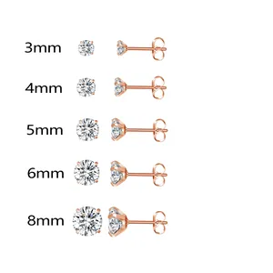 Orecchini a perno in acciaio oro rosa con zirconi in cinque misure da 3 a 8 mm