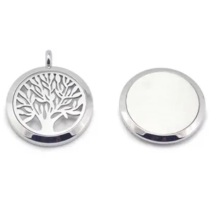 Pendentif d'aromathérapie rond en acier inoxydable avec motif arbre de vie évidé