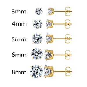 Elegant stainless steel cubic zirconia stud earrings in sizes 3mm, 4mm, 5mm, 6mm, 8mm