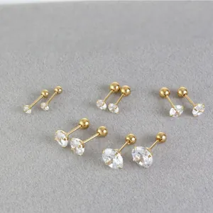 Set of five pairs four-prong AAA zircon stud earrings with ball backs in gold finish