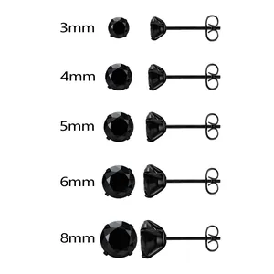 Orecchini a lobo in zircone nero e acciaio inossidabile, misure da 3mm fino a 8mm