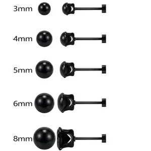 Black zircon stud earrings size chart showing 3mm to 8mm variants with side and top views