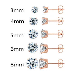 Rose gold stainless steel stud earrings with 3A cubic zirconia set from 3mm to 8mm