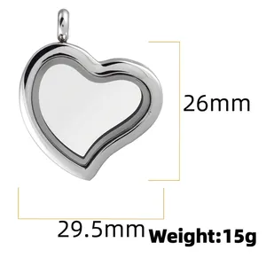 Heart-shaped stainless steel glass locket pendant with dimensions 29.5x26mm