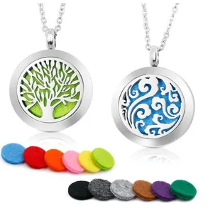 25mm stainless steel aromatherapy diffuser necklace with tree of life pattern and 12 pads.
