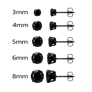 Black stainless steel four-prong cubic zirconia stud earrings in sizes from 3mm to 8mm