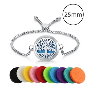 Stainless Steel Aromatherapy Diffuser Bracelet With 25mm Round Locket Tree Of Life Adjustable Bolo Slider Chain Bracelet With Pads