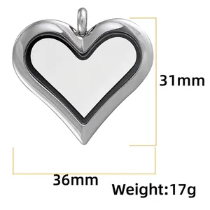 Detailed measurements of stainless steel heart-shaped glass locket pendant