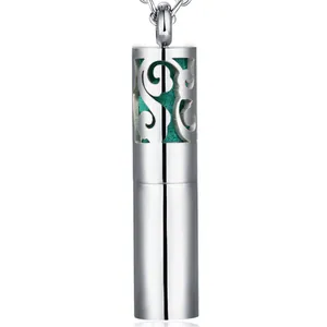 Stainless steel cylindrical aromatherapy perfume bottle pendant necklace with green pad